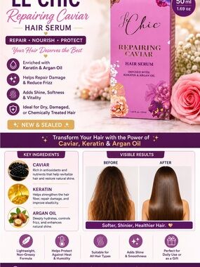 Le Chic Repairing Caviar Hair Serum 50ml Keratin & Argan Oil New